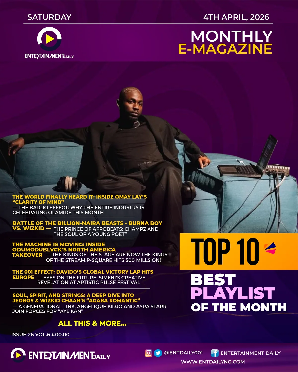 Entertainment Daily April 2026 E-Magazine cover featuring Omah Lay